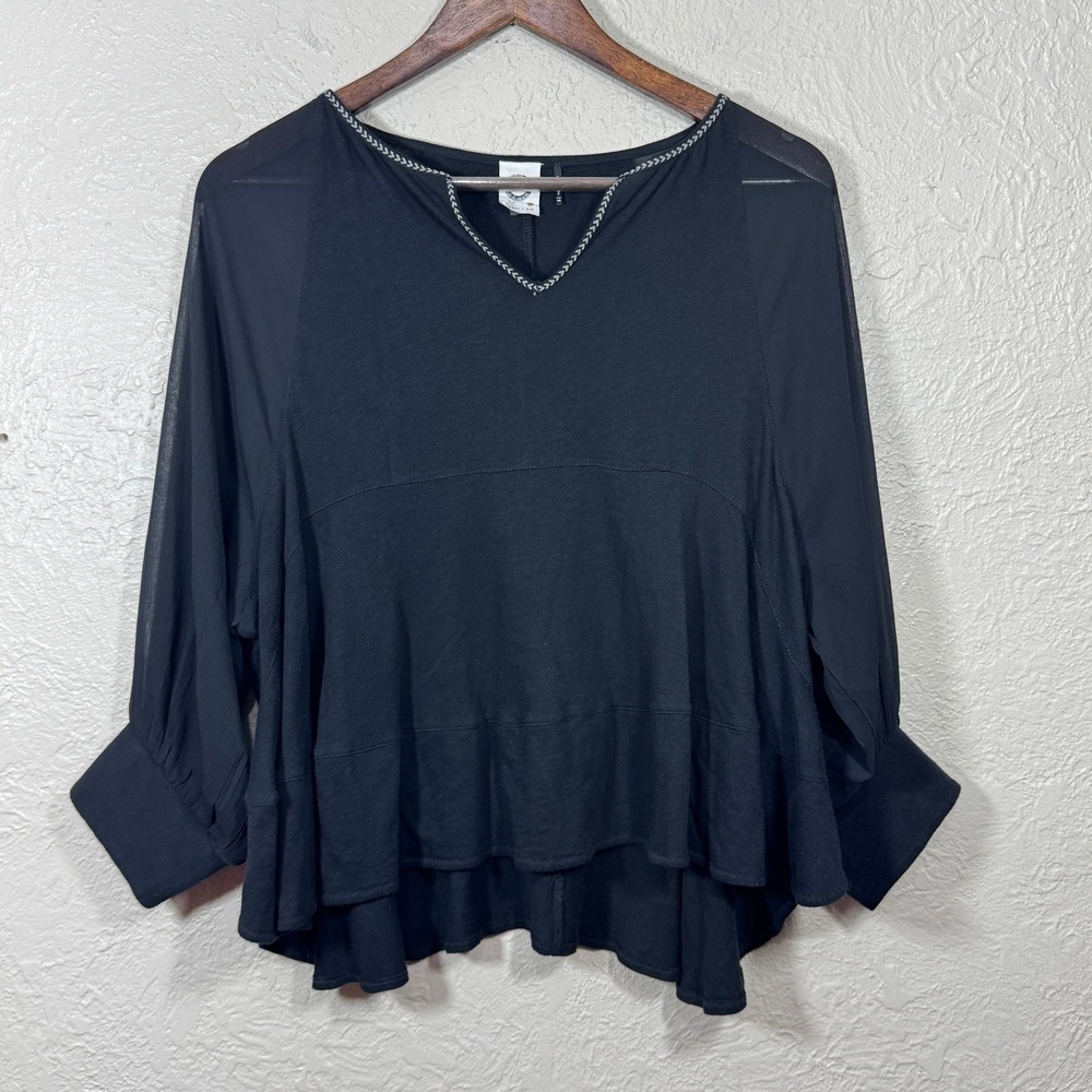 Akemi + Kin Anthropologie Top XS Fenn Black Boho Sheer Babydoll Peasant OB553735